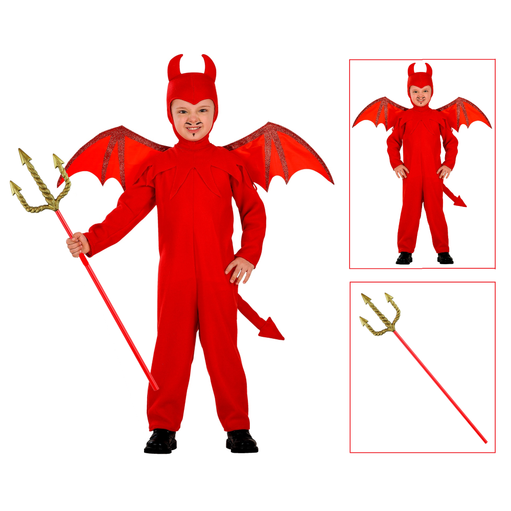 VESTITO CARNEVALE CON ACCESSORI DIAVOLO TRIDENTE DORATO TRAVESTIMENTO HALLOWEEN BAMBINO 3/4 ANNI - 4192+24221