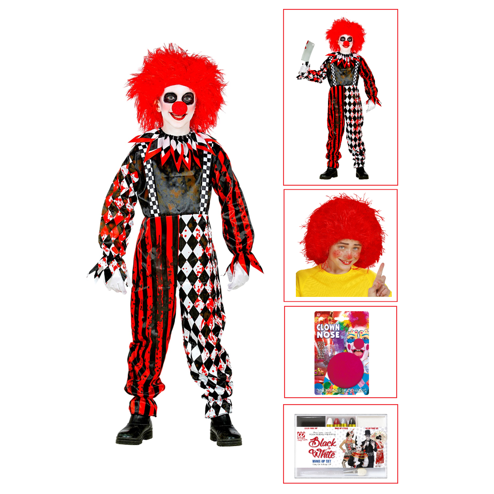 VESTITO CARNEVALE CON ACCESSORI PAGLIACCIO HORROR TRAVESTIMENTO HALLOWEEN BAMBINO 5/7 ANNI - 5251+6269P+2285C+02409