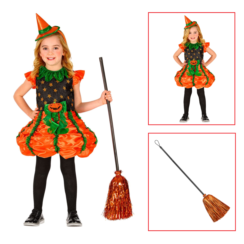 COSTUME CON ACCESSORI STREGA ZUCCA SCOPA CON FILI DI LAMÉ TRAVESTIMENTO HALLOWEEN BAMBINA 2/3 ANNI - 0185+52776