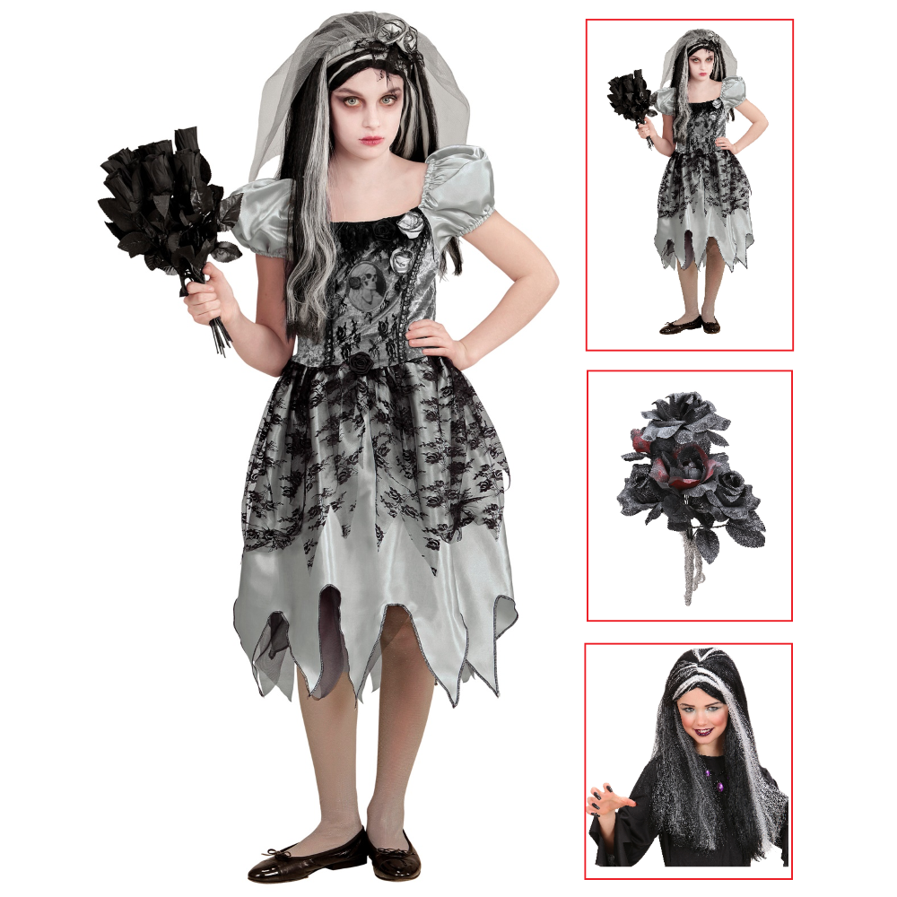 COSTUME CON ACCESSORI SPOSA SPETTRALE VESTITO BOUQUET PARRUCCA TRAVESTIMENTO HALLOWEEN BAMBINA 11/13 ANNI - 0546+03235+6279S