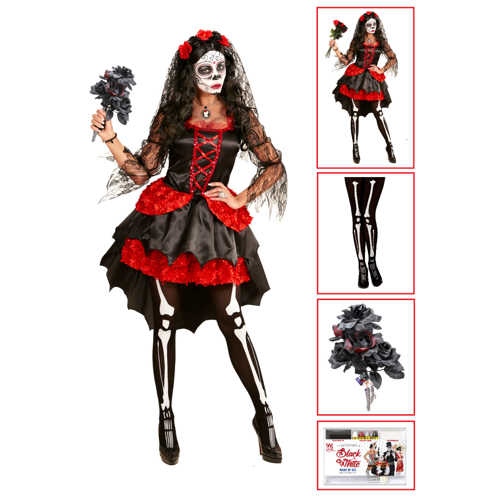 COSTUME CON ACCESSORI SPOSA DIA DE LOS MUERTOS CALZE TRUCCO BOUQUET TRAVESTIMENTO HALLOWEEN S - 0611+01307+03235+02409
