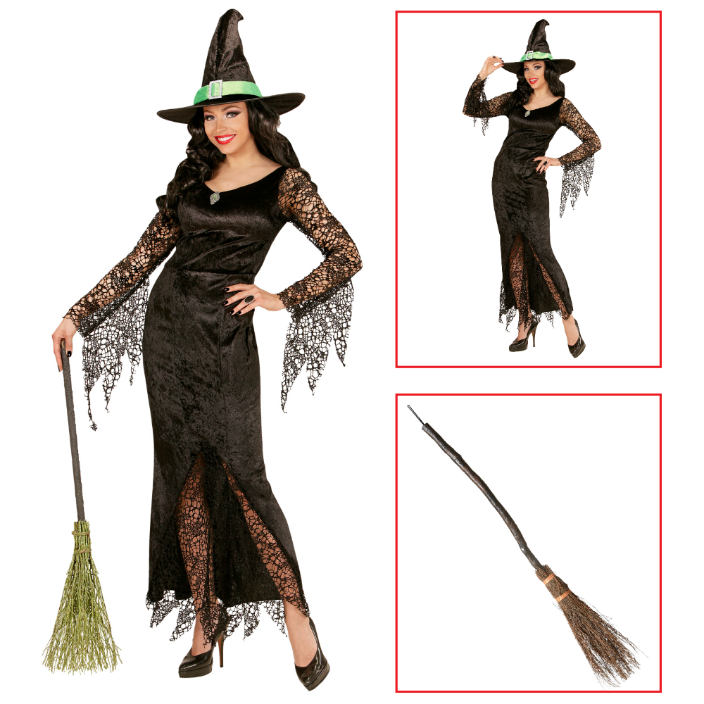 COSTUME CON ACCESSORI STREGA VESTITO CAPPELLO SCOPA TRAVESTIMENTO HALLOWEEN ADULTO L - 0650+9835W