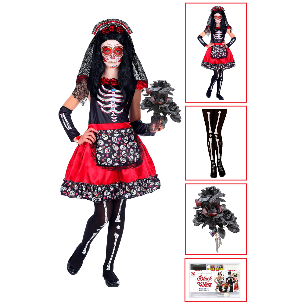 COSTUME CON ACCESSORI MUJER DIA DE LOS MUERTOS VESTITO BOUQUET CALZE TRUCCO TRAVESTIMENTO HALLOWEEN 11/13 ANNI - 0691+03235+30018+02409