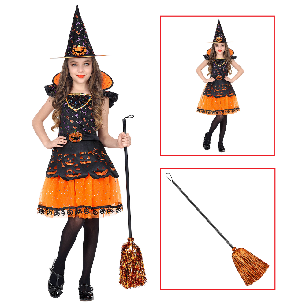COSTUME CON ACCESSORI STREGA VESTITO CAPPELLO SCOPA TRAVESTIMENTO HALLOWEEN 8/10 ANNI - 0708+52776