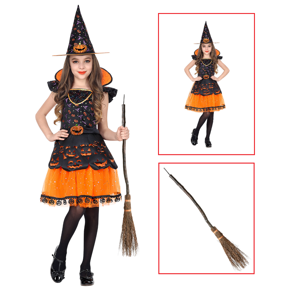 COSTUME CON ACCESSORI STREGA VESTITO CAPPELLO SCOPA STOTA TRAVESTIMENTO HALLOWEEN 8/10 ANNI - 0708+9835W