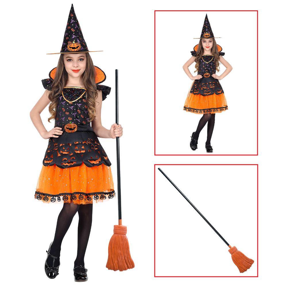 COSTUME CON ACCESSORI STREGA VESTITO CAPPELLO SCOPA STORTA TRAVESTIMENTO HALLOWEEN 5/7 ANNI - 0708+2133W