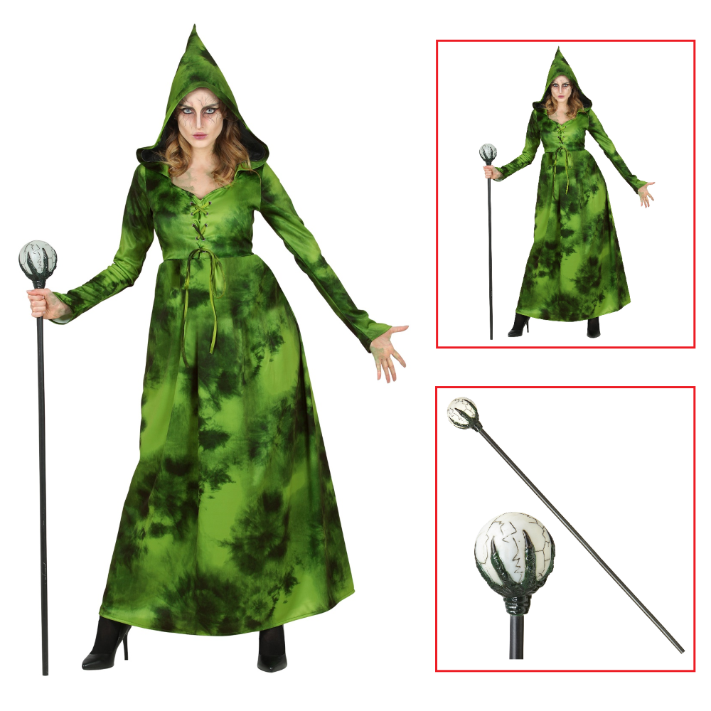 COSTUME CON ACCESSORI STREGA DELLA FORESTA ABITO CON CAPPUCCIO BASTONE MAGICO 122 CM TRAVESTIMENTO HALLOWEEN S - 1071+52815