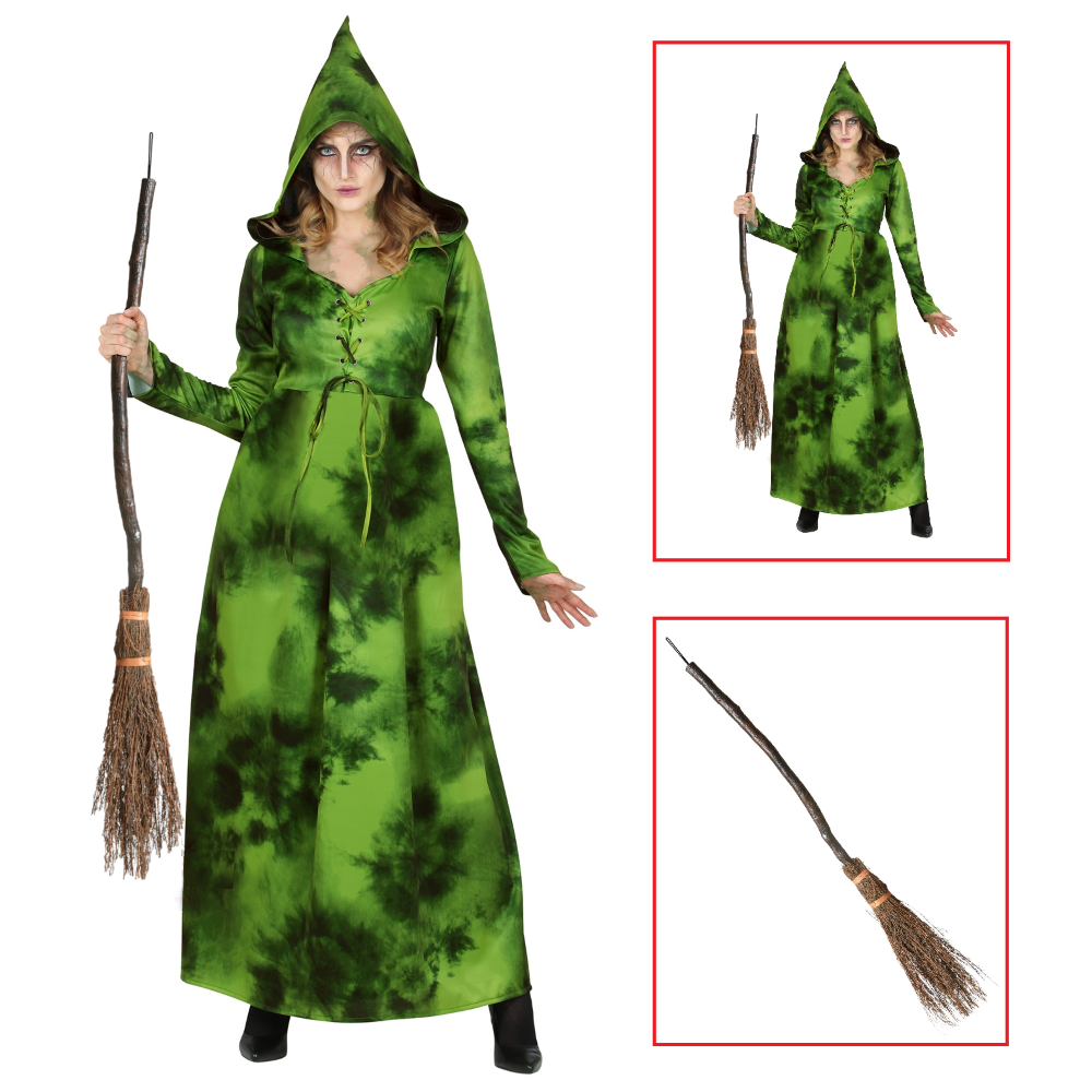 COSTUME CON ACCESSORI STREGA DELLA FORESTA ABITO CON CAPPUCCIO SCOPA 89 CM TRAVESTIMENTO HALLOWEEN XL - 1071+9835W