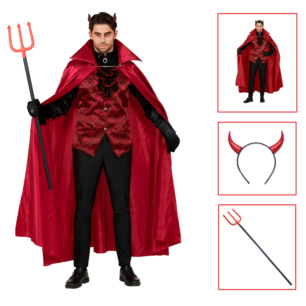 COSTUME CON ACCESSORI DIAVOLO ABITO CORNA TRIDENTE TRAVESTIMENTO HALLOWEEN ADULTO XL - 1174+5483C+5279D