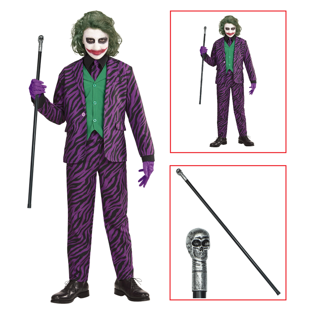 COSTUME CON ACCESSORI EVIL CLOWN ABITO BASTONE CON TESCHIO 105 CM TRAVESTIMENTO HALLOWEEN 4/5 ANNI - 1931+07603