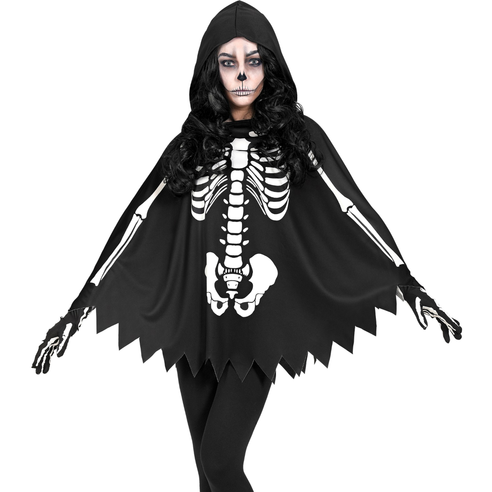 COSTUME DA SCHELETRO TRAVESTIMENTO PER ADULTI PONCHO CON CAPPUCCIO HALLOWEEN - 48154