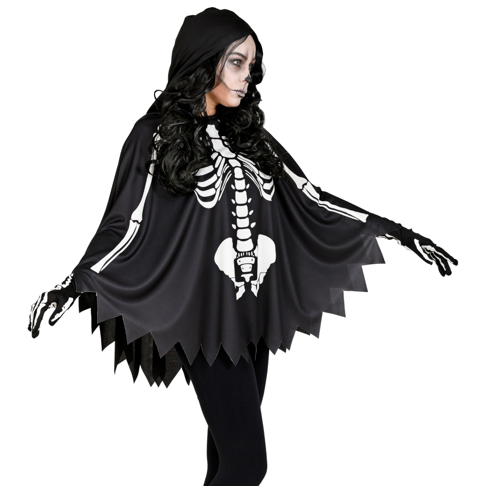 COSTUME DA SCHELETRO TRAVESTIMENTO PER ADULTI PONCHO CON CAPPUCCIO HALLOWEEN - 48154