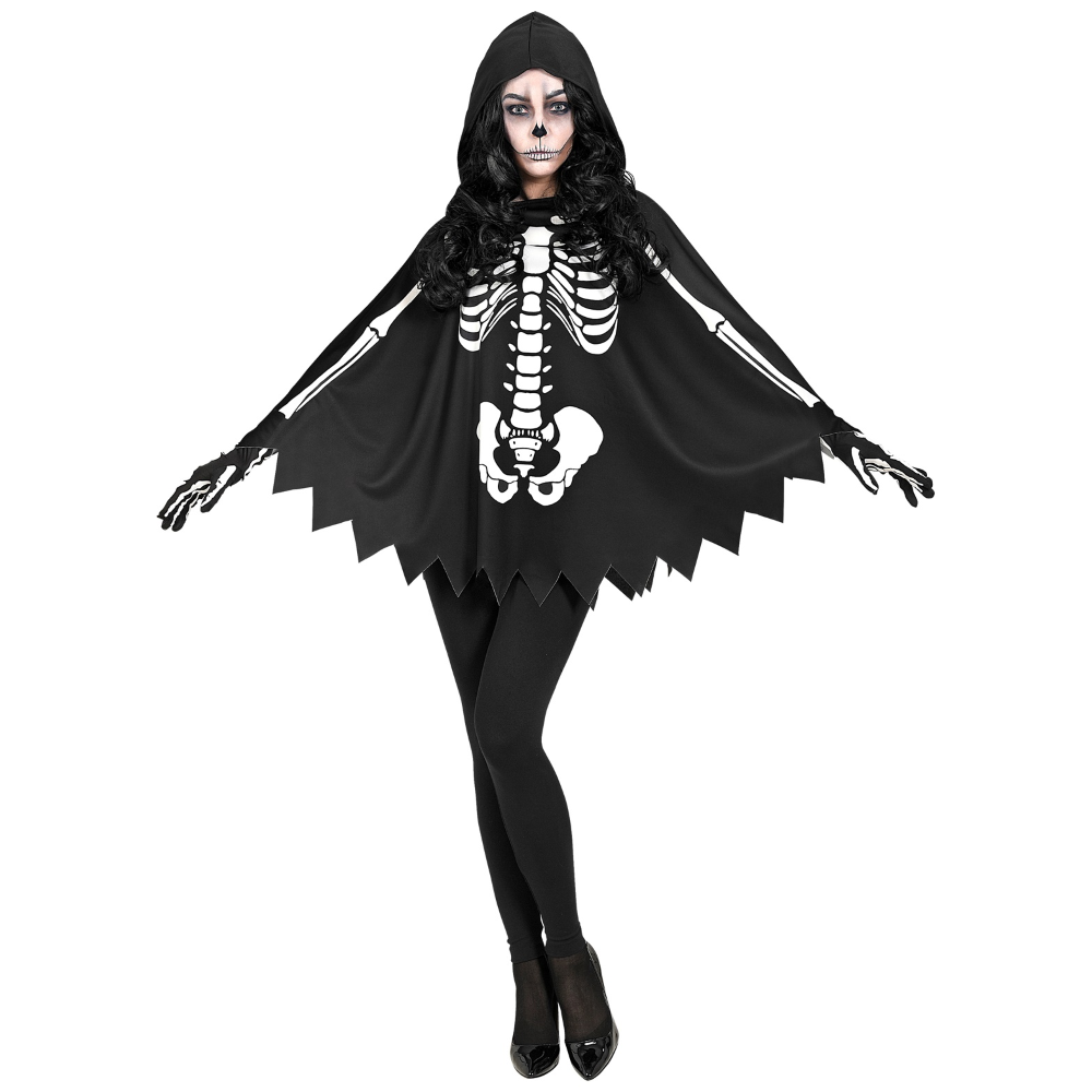 COSTUME DA SCHELETRO TRAVESTIMENTO PER ADULTI PONCHO CON CAPPUCCIO HALLOWEEN - 48154