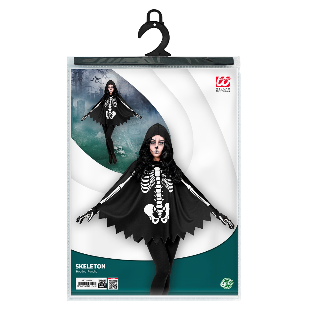 COSTUME DA SCHELETRO TRAVESTIMENTO PER ADULTI PONCHO CON CAPPUCCIO HALLOWEEN - 48154