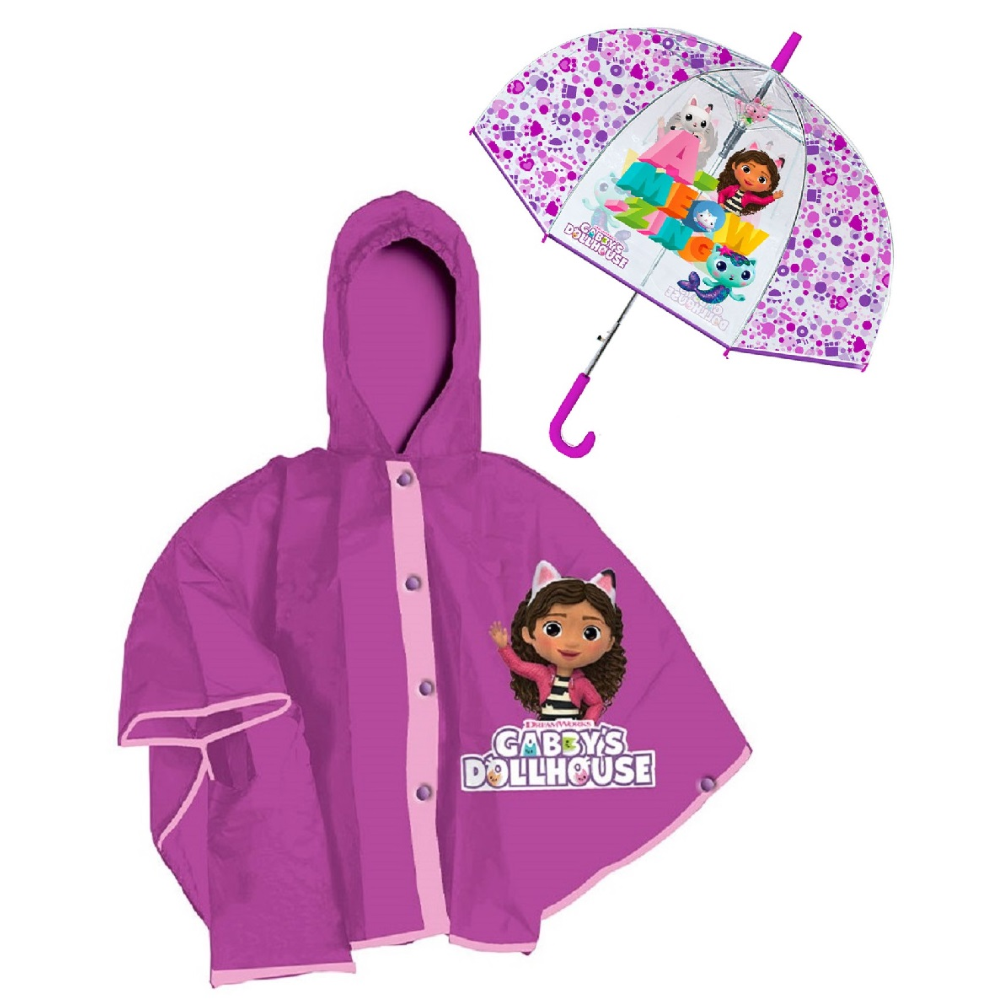 SET PIOGGIA MANTELLINA + OMBRELLO A CUPOLA GABBY'S DOLLHOUSE 3/4 ANNI BAMBINA - O0764MC+O0795MC