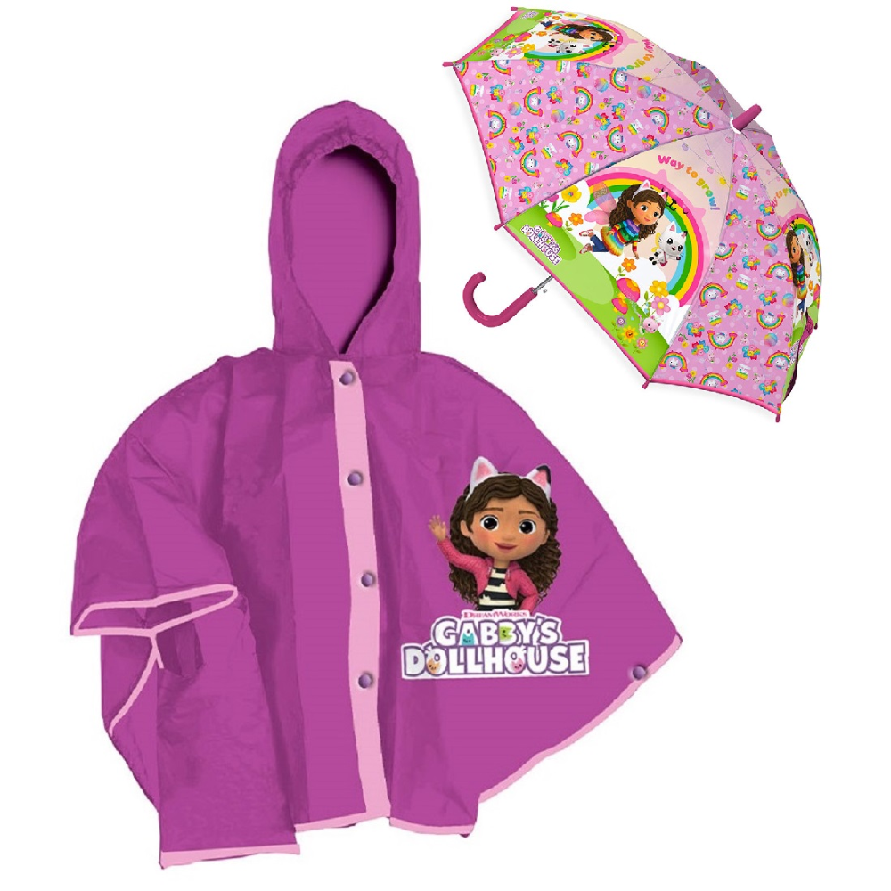 SET PIOGGIA MANTELLINA + OMBRELLO GABBY'S DOLLHOUSE 7/8 ANNI BAMBINA - O0764MC+O07594MC