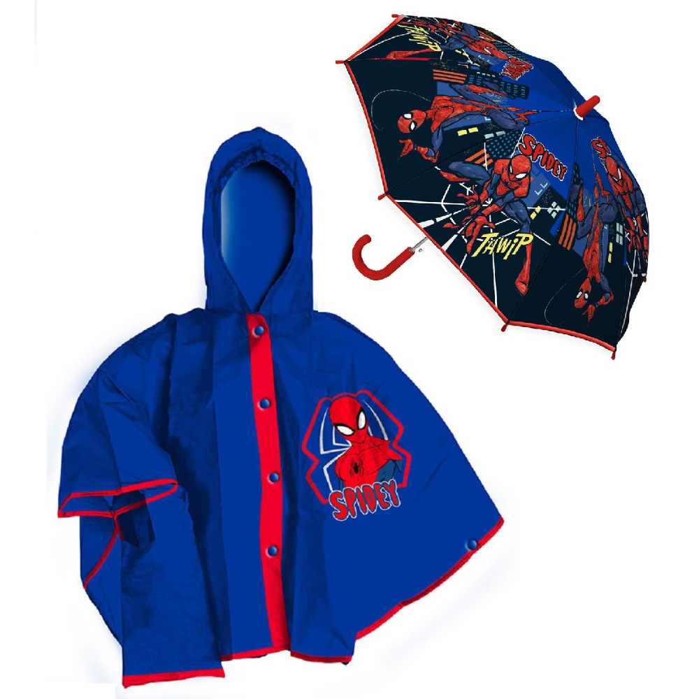 SET PIOGGIA MANTELLINA + OMBRELLO SPIDERMAN MARVEL 7/8 ANNI BAMBINO - M06510MC+M06508MC