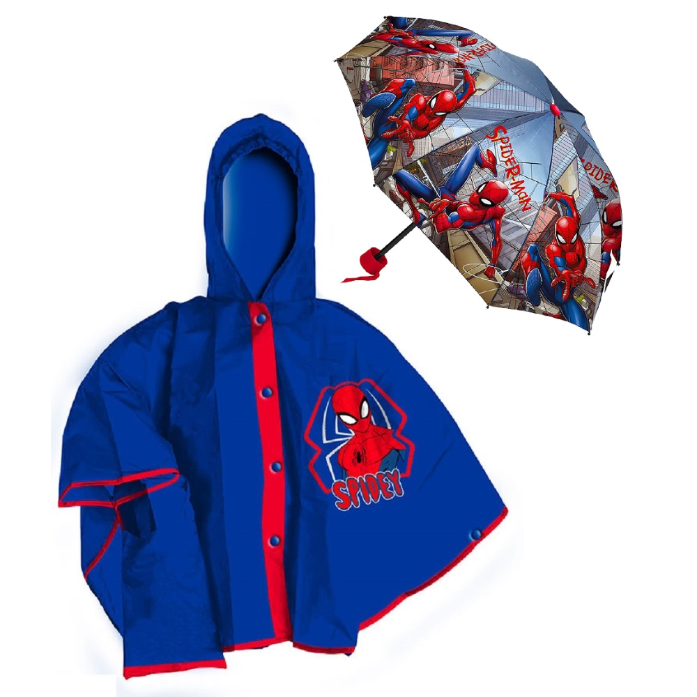 SET PIOGGIA MANTELLINA + OMBRELLO PIEGHEVOLE SPIDERMAN MARVEL 5/6 ANNI BAMBINO - M06510MC+M04605MC