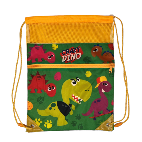 SACCA DINOSAURI CON CHIUSURA A COULISSE TASCA FRONTALE BORSA TEMPO LIBERO PALESTRA CM. 40X30 - KL10995