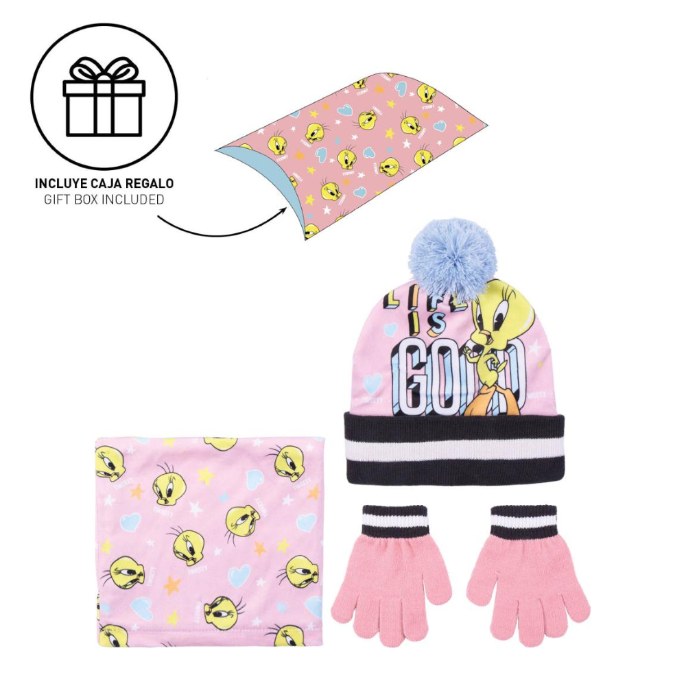 CAPPELLO INVERNALE CON PON PON SCALDACOLLO GUANTI TITTI LOONEY TUNES 3 PZ CON CONFEZIONE REGALO - 9625