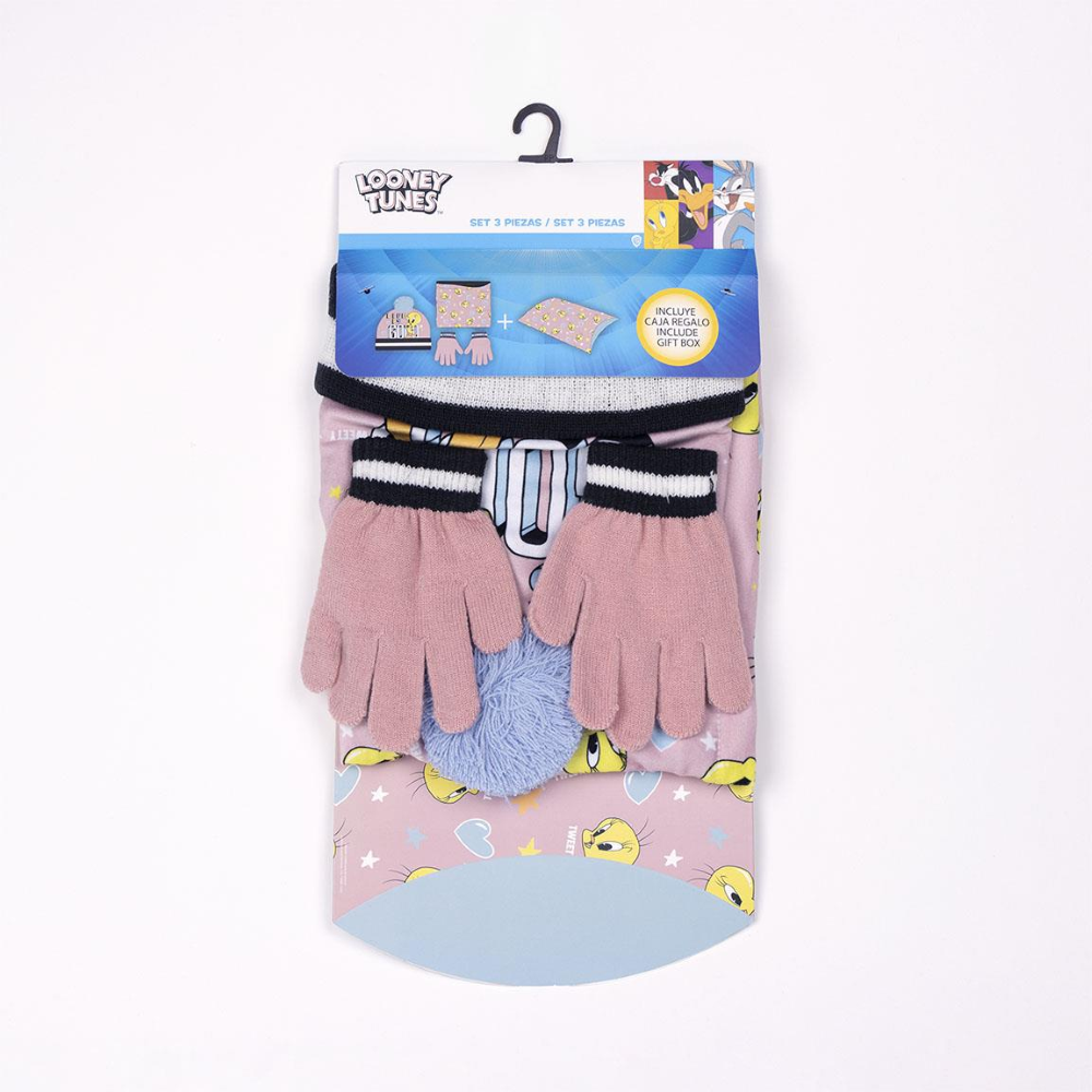 CAPPELLO INVERNALE CON PON PON SCALDACOLLO GUANTI TITTI LOONEY TUNES 3 PZ CON CONFEZIONE REGALO - 9625