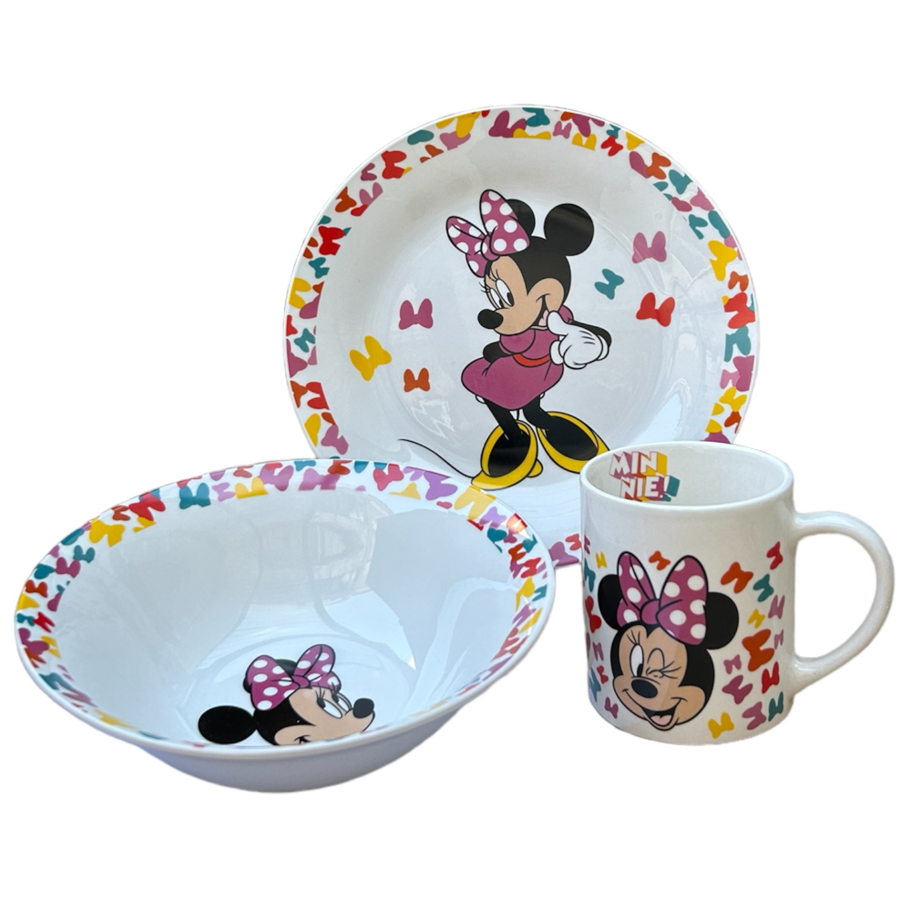 SET 3 PEZZI IN CERAMICA MINNIE DISNEY TAZZA CIOTOLA PIATTO STOVIGLIE PER BAMBINI IN CONFEZIONE - 88105