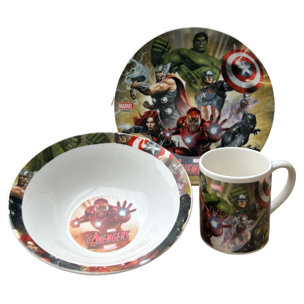 SET 3 PEZZI IN CERAMICA AVENGERS MARVEL TAZZA CIOTOLA PIATTO STOVIGLIE PER BAMBINI IN CONFEZIONE - 02865