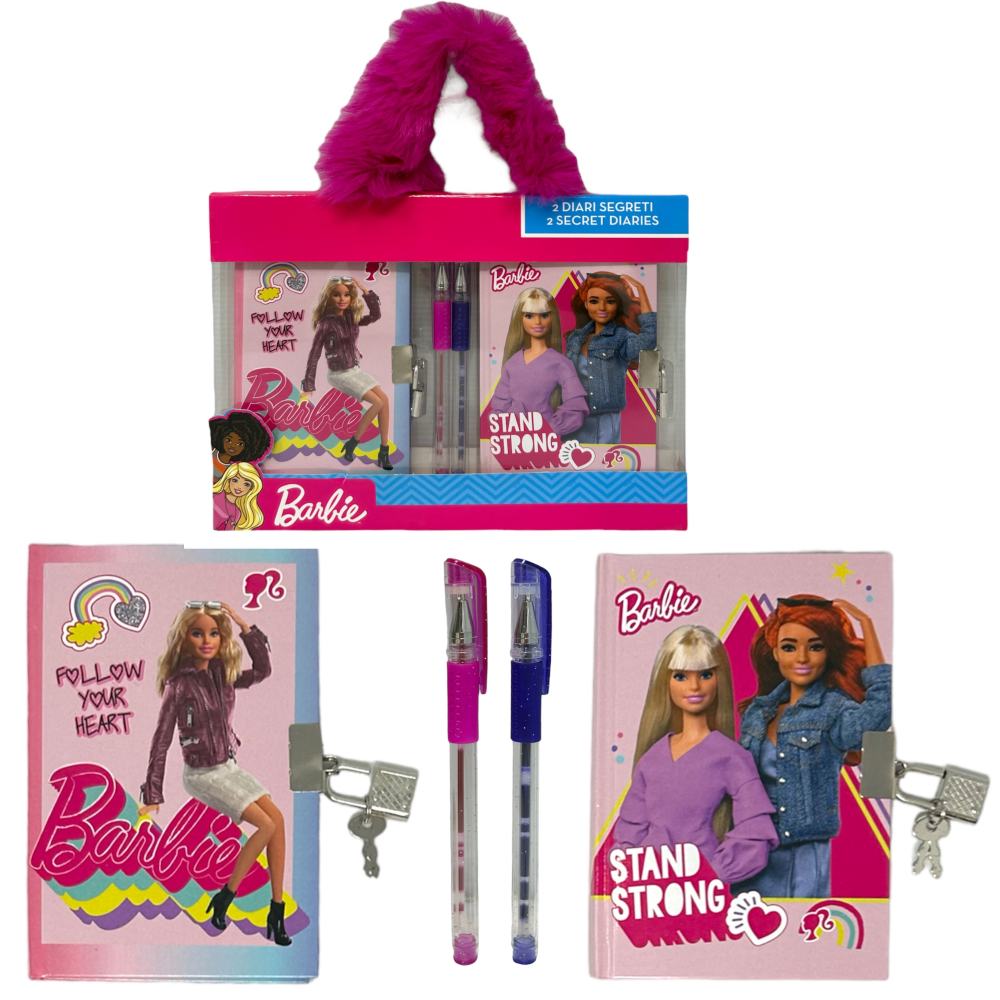 SET 2 DIARI SEGRETI CON LUCCHETTO BARBIE MATTEL+ 2 PENNE GEL IN CONFEZIONE REGALO - BR0754