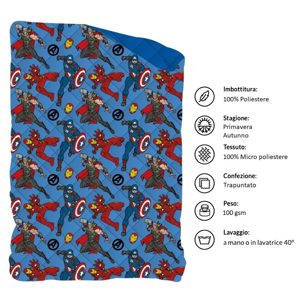 TRAPUNTINO AVENGERS MARVEL COPERTA COPRILETTO TRAPUNTATO 100 GSM LETTO SINGOLO 170X250 CM - AVE-1366
