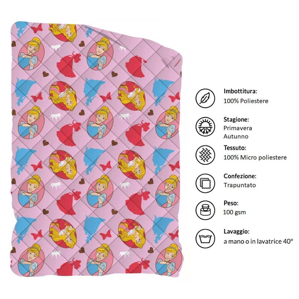 TRAPUNTINO PRINCIPESSE DISNEY COPERTA COPRILETTO TRAPUNTATO 100 GSM LETTO SINGOLO 170X250 CM - PRI-1376