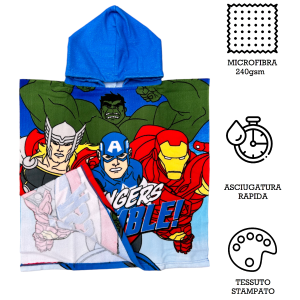 PONCHO MARE AVENGERS MARVEL 110 X 55 CM ACCAPPATOIO PER BAMBINI 100% PL - EX1981