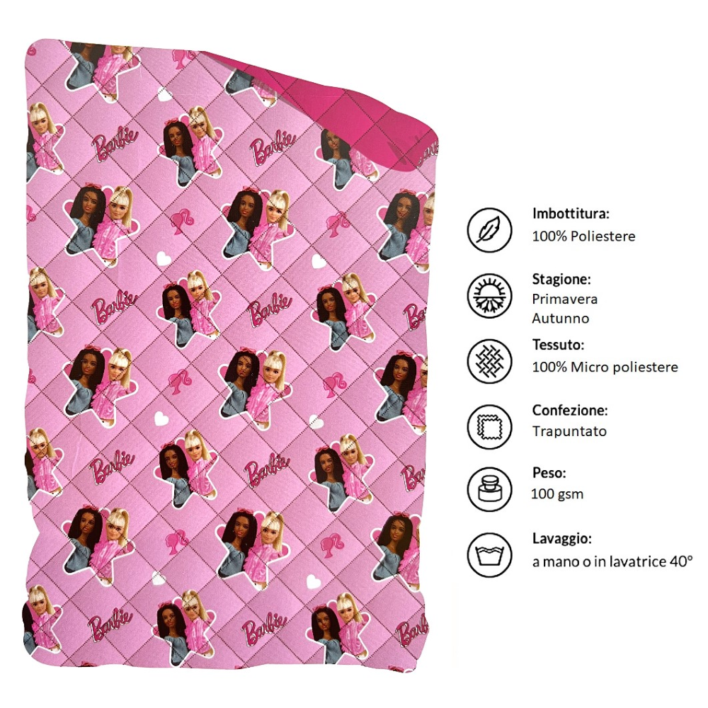 TRAPUNTINO BARBIE COPERTA COPRILETTO TRAPUNTATO 100 GSM LETTO SINGOLO 170X250 CM - BAR-1378