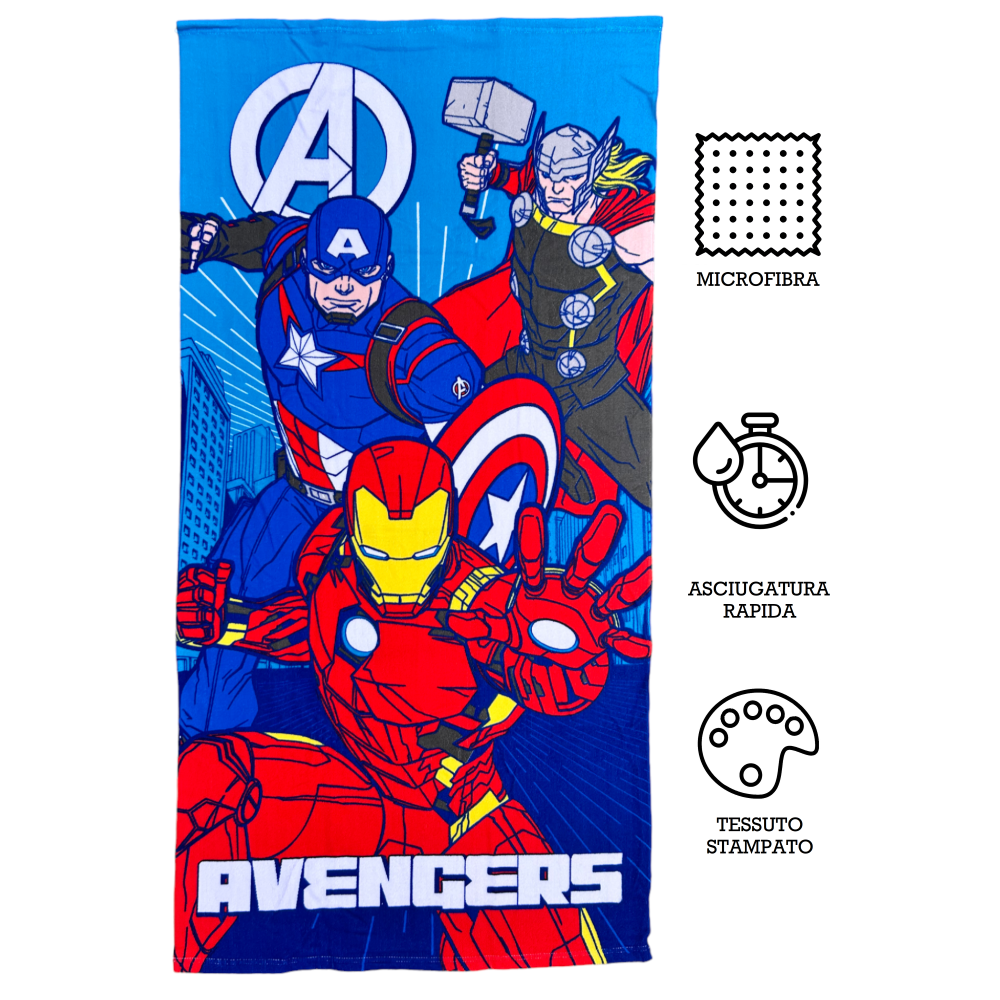 TELO MARE AVENGERS MARVEL ASCIUGAMANO PER BAMBINI IN MICROFIBRA CM 140X70 - AVE1402