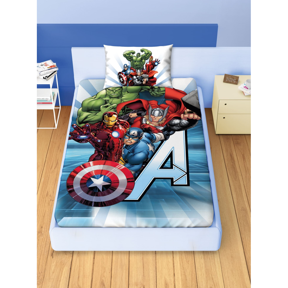 COMPLETO LENZUOLA 3 PEZZI AVENGERS MARVEL PER LETTO UNA PIAZZA E MEZZA LENZUOLA IN 100% COTONE