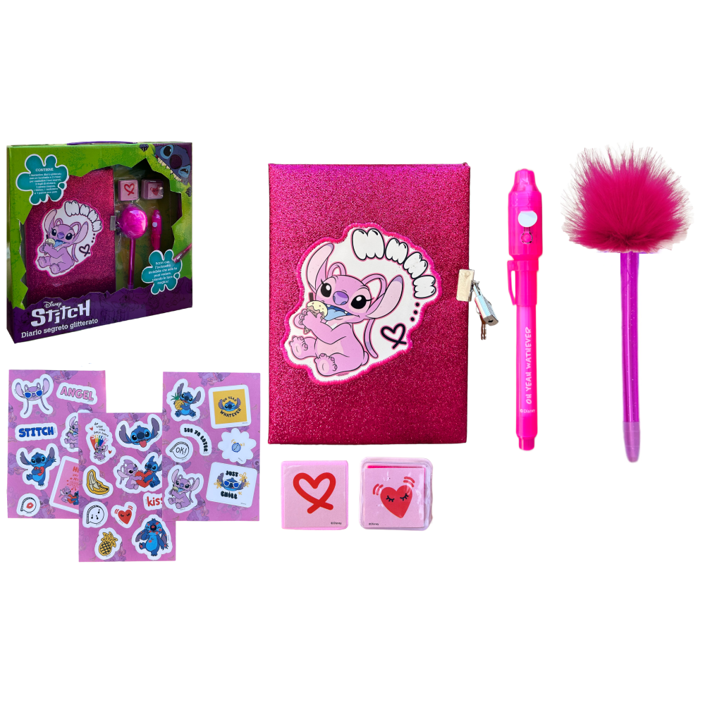 DIARIO SEGRETO GLITTER ANGEL STITCH DISNEY CON PENNA MAGICA E ACCESSORI CON CONFEZIONE - LST0824 