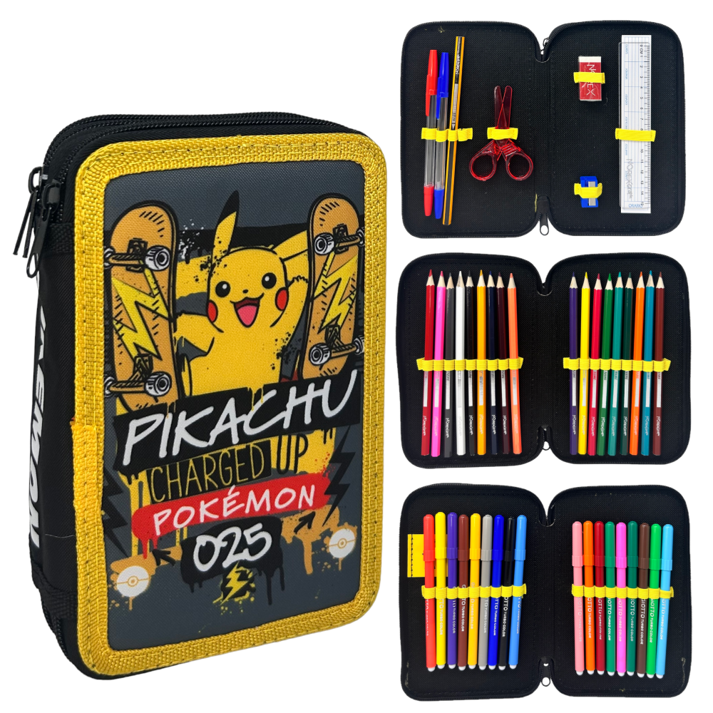 ASTUCCIO SCUOLA PIKACHU POKÉMON MULTISCOMPARTO 3 ZIP PORTACOLORI GIOTTO - 1004E2264