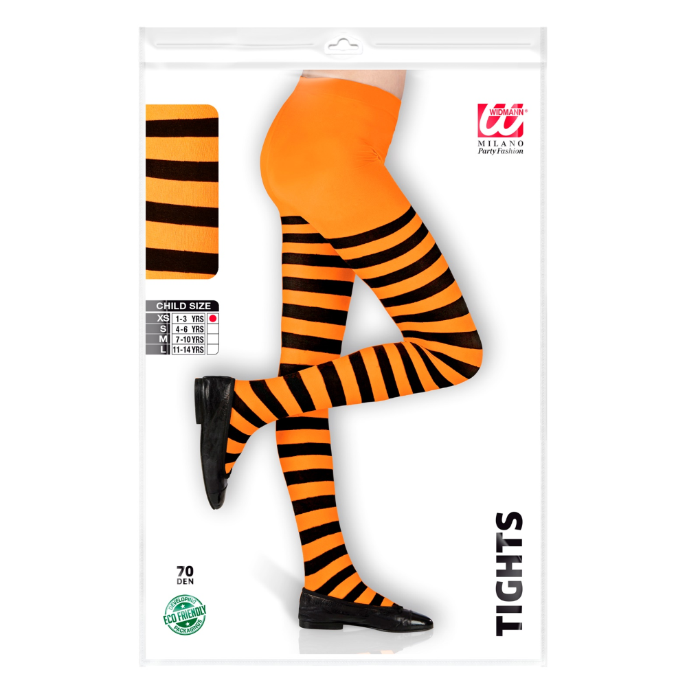 CALZE A RIGHE ARANCIONI E NERE COLLANT 70 DEN PER BAMBINI ACCESSORIO HALLOWEEN CARNEVALE - 0121