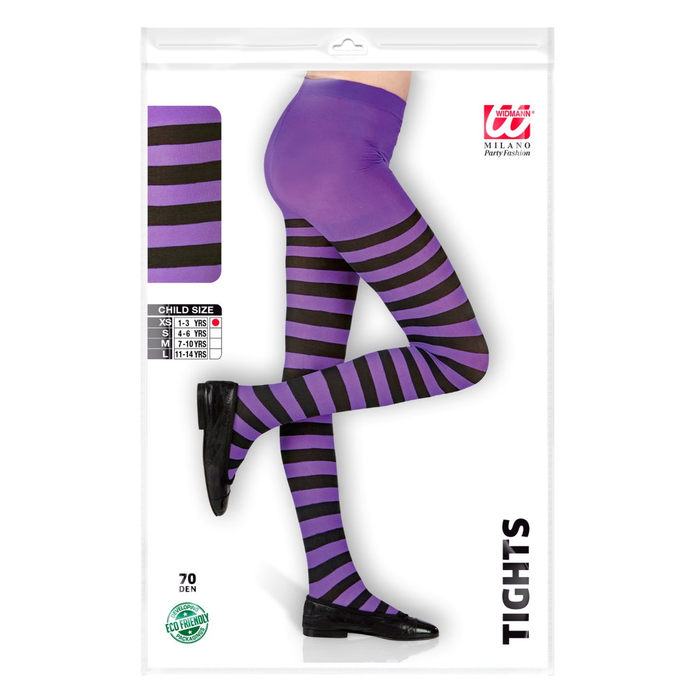 CALZE A RIGHE VIOLA E NERE COLLANT 70 DEN PER BAMBINI ACCESSORIO HALLOWEEN CARNEVALE - 0122