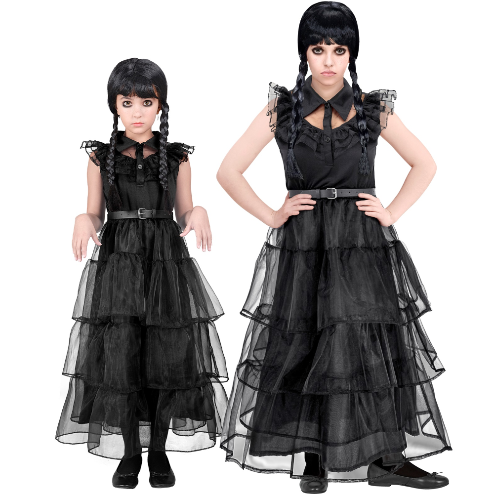 VESTITO CARNEVALE DARK GIRL MERCOLEDÌ AL BALLO TRAVESTIMENTO COSTUME PER HALLOWEEN DA BAMBINO - 4266