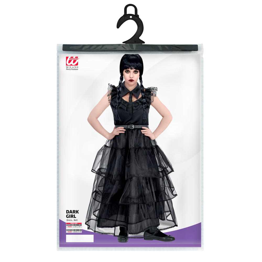 VESTITO CARNEVALE DARK GIRL MERCOLEDÌ AL BALLO TRAVESTIMENTO COSTUME PER HALLOWEEN DA BAMBINO - 4266