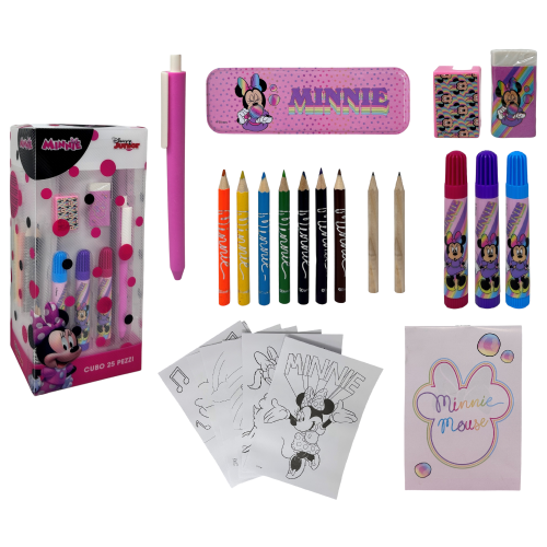 CUBO CANCELLERIA MINNIE MOUSE DISNEY CONFEZIONE 25 PEZZI KIT PER DISEGNARE E COLORARE - MIN0583