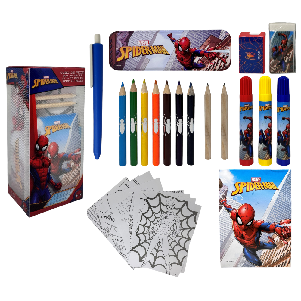 CUBO CANCELLERIA SPIDERMAN MARVEL CONFEZIONE 25 PEZZI KIT PER DISEGNARE E COLORARE - SP0583