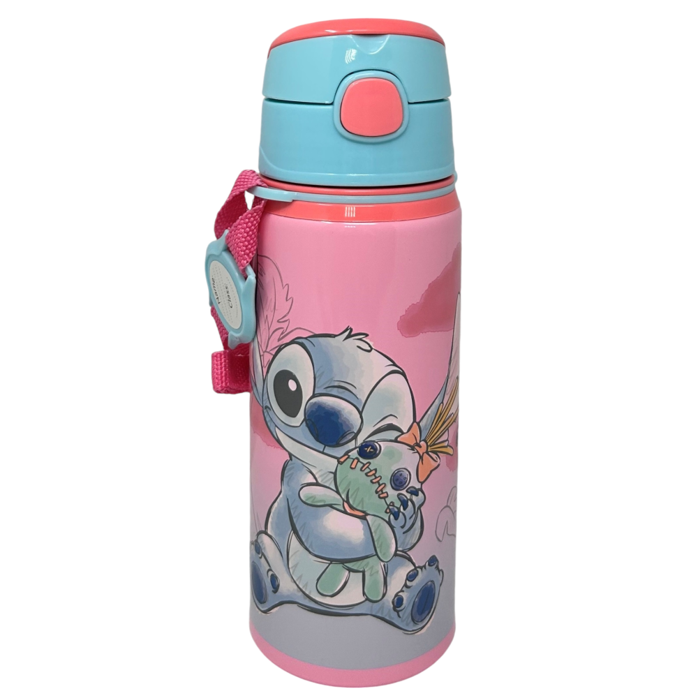 BORRACCIA IN ALLUMINIO CON CANNUCCIA STITCH DISNEY 600 ML APERTURA AUTOMATICA CON TRACOLLA- ST00055