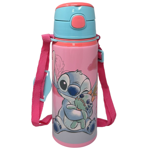 BORRACCIA IN ALLUMINIO CON CANNUCCIA STITCH DISNEY 600 ML APERTURA AUTOMATICA CON TRACOLLA- ST00055