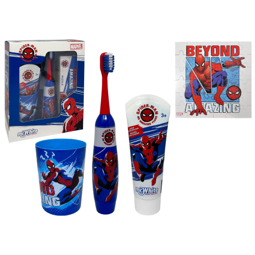 SET ACCESSORI CURA IGIENE ORALE SPIDERMAN MARVEL 4 PEZZI SPAZZOLINO ELETTRICO PER BAMBINI