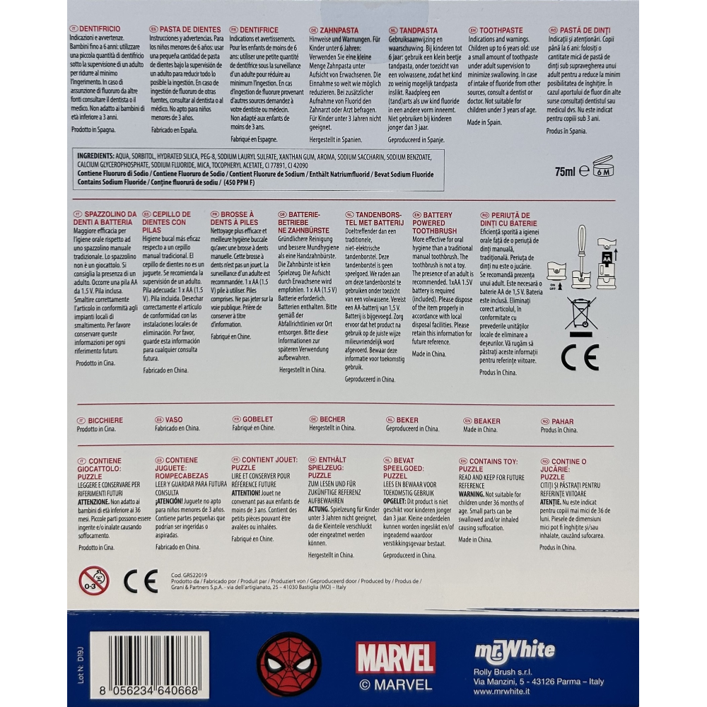 SET ACCESSORI CURA IGIENE ORALE SPIDERMAN MARVEL 4 PEZZI SPAZZOLINO ELETTRICO PER BAMBINI
