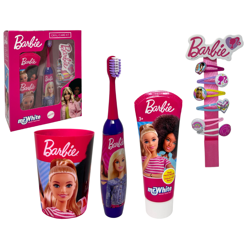 SET ACCESSORI CURA IGIENE ORALE BARBIE 4 PEZZI SPAZZOLINO ELETTRICO PER BAMBINI