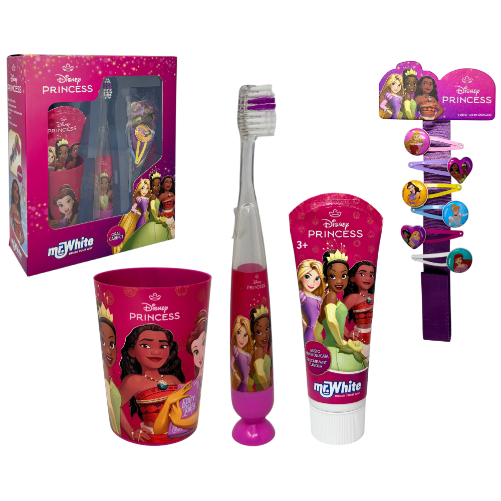 SET ACCESSORI CURA IGIENE ORALE PRINCIPESSE DISNEY 4 PEZZI SPAZZOLINO LUMINOSO PER BAMBINI