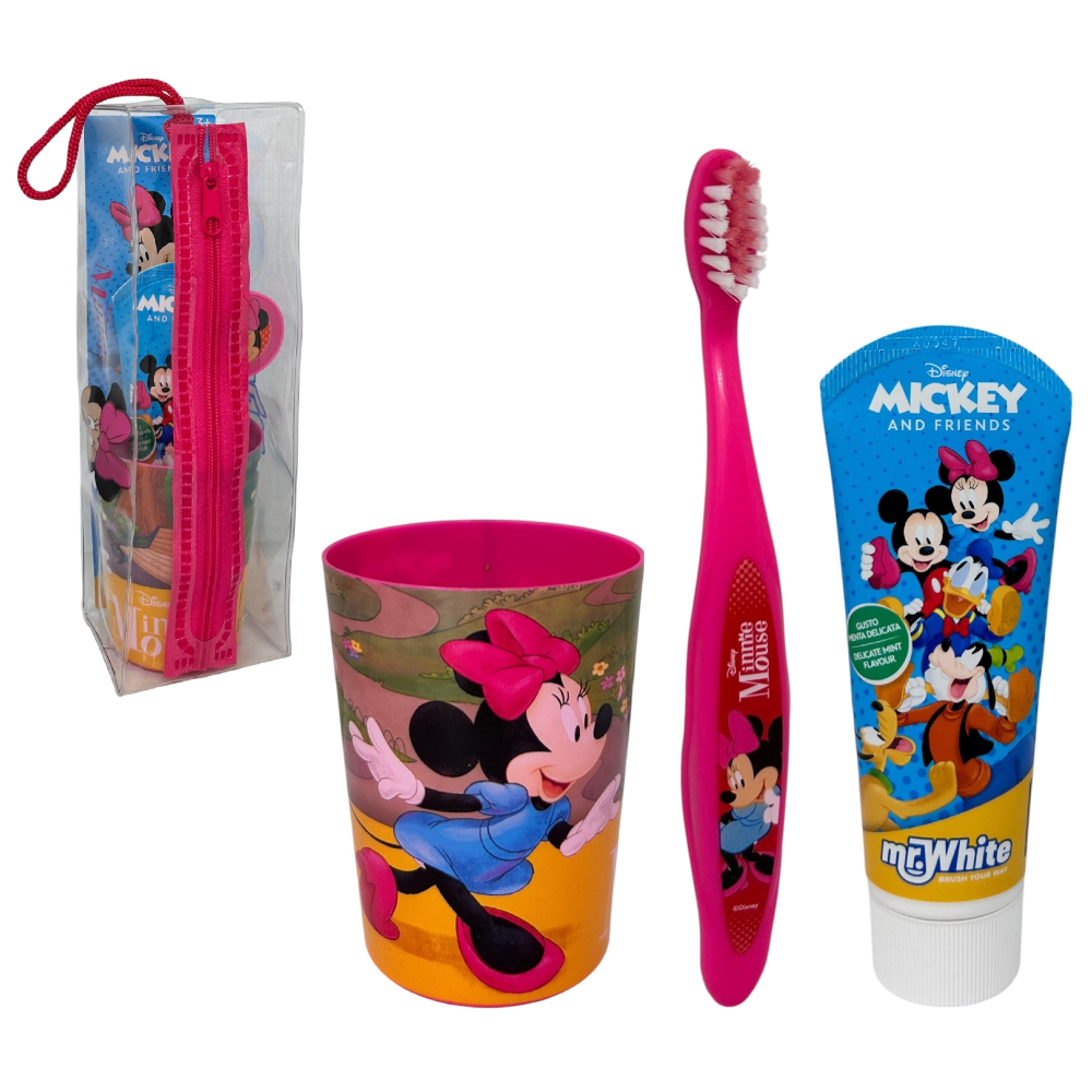 SET ACCESSORI CURA IGIENE ORALE MINNIE DISNEY 4 PEZZI CON POCHETTE