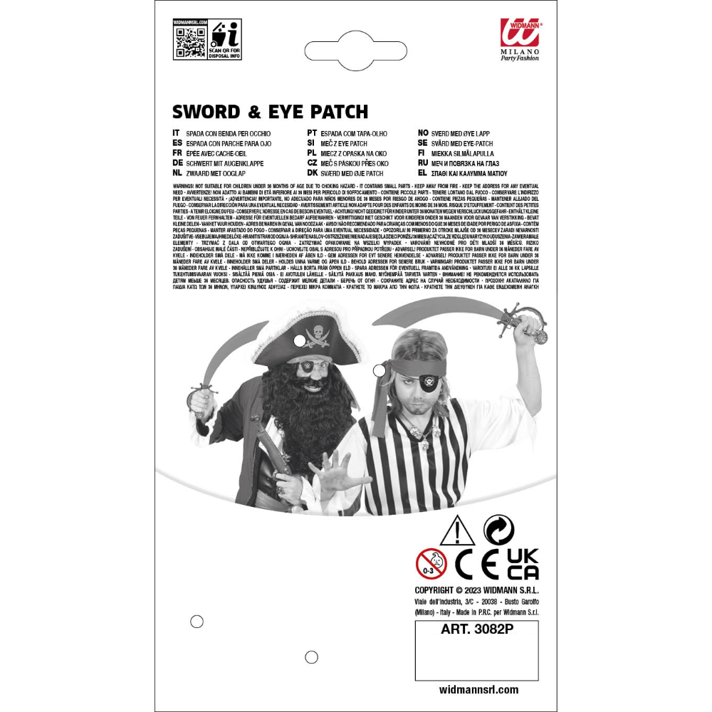 SCIABOLA PIRATA CON BENDA OCCHIO ACCESSORI PER ABITO VESTITO TRAVESTIMENTO CARNEVALE BAMBINO
